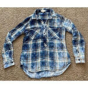 Cloth & Stone 100% Cotton Blue Yellow Plaid Button Long Sleeve Collar Size Small